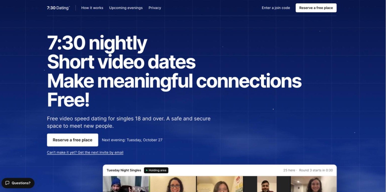 730-home-hero 7:30 Dating home page with the Reserve a free place button and the next evening date