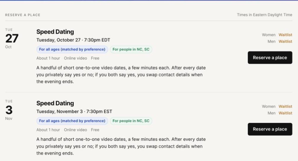 730-upcoming-evenings Upcoming evenings page with places for women and men and a waitlist