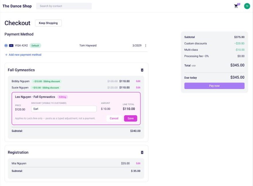 classkid-checkout-discounts Checkout screen with one line opened for a discount, showing the before and after line total