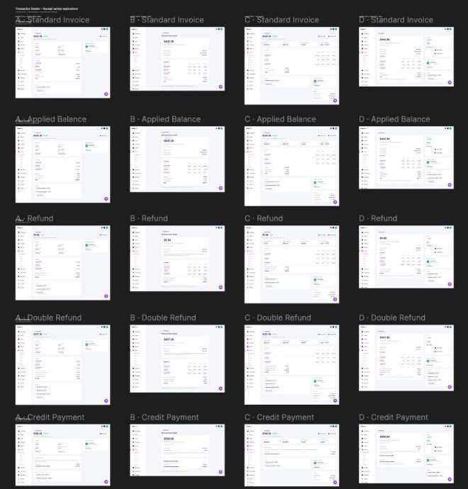 classkid-receipt-layouts A grid of 20 receipt detail layouts: five receipt types in four layout styles